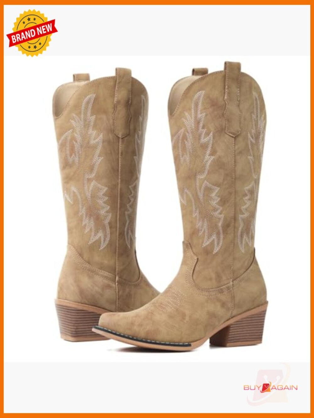 Women's Mid Calf Snip Toe Cowboy Boots Embroidered Chunky Heel - Picture 6 of 7